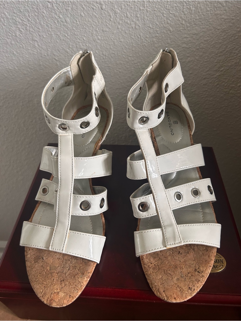 Women’s White Patent Cork Wedge Sandals with Grommet Straps
